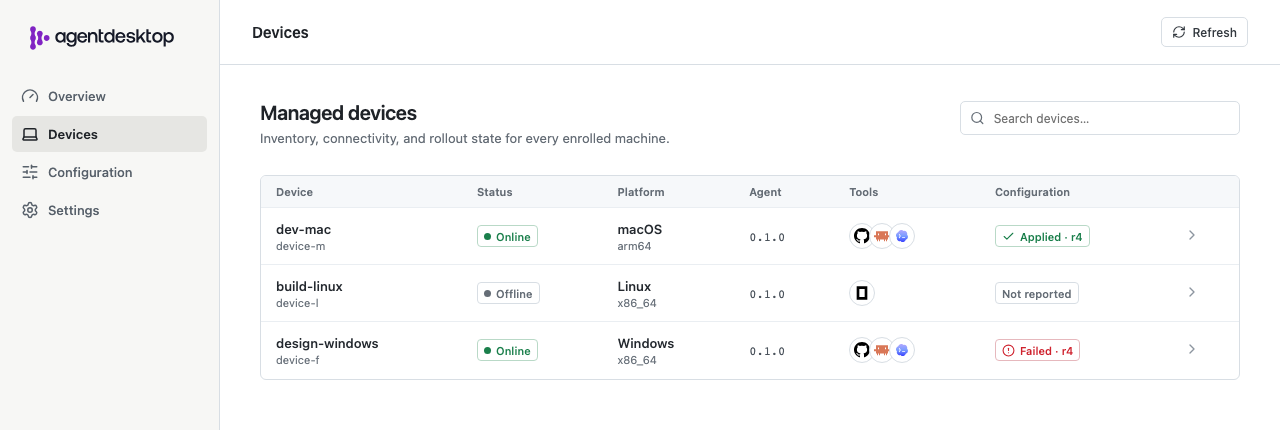 Agentdesktop controller Devices page with macOS, Linux, and Windows devices and their connectivity, tools, and configuration status.