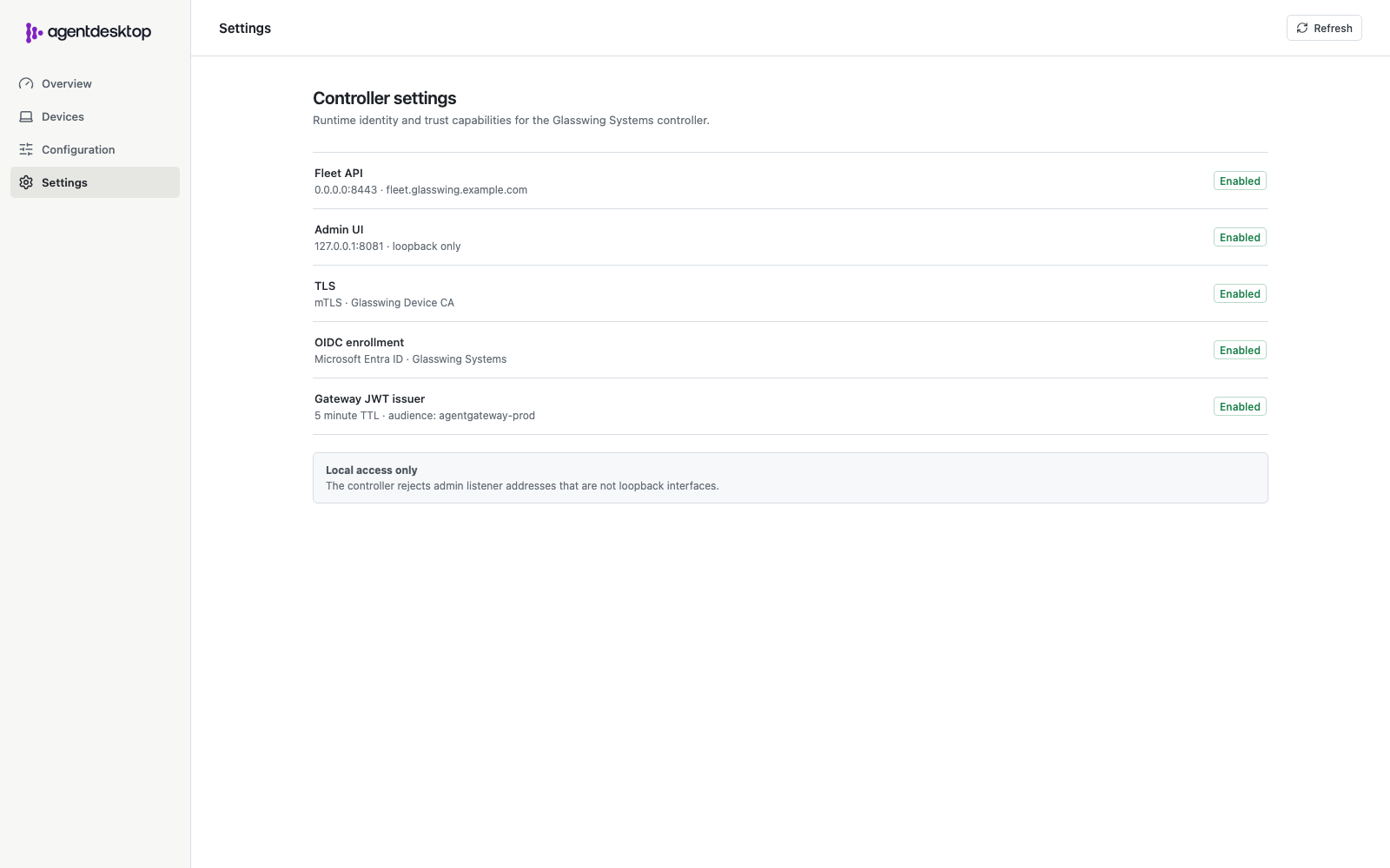 Agentdesktop controller identity controls showing OIDC enrollment and short-lived gateway credentials