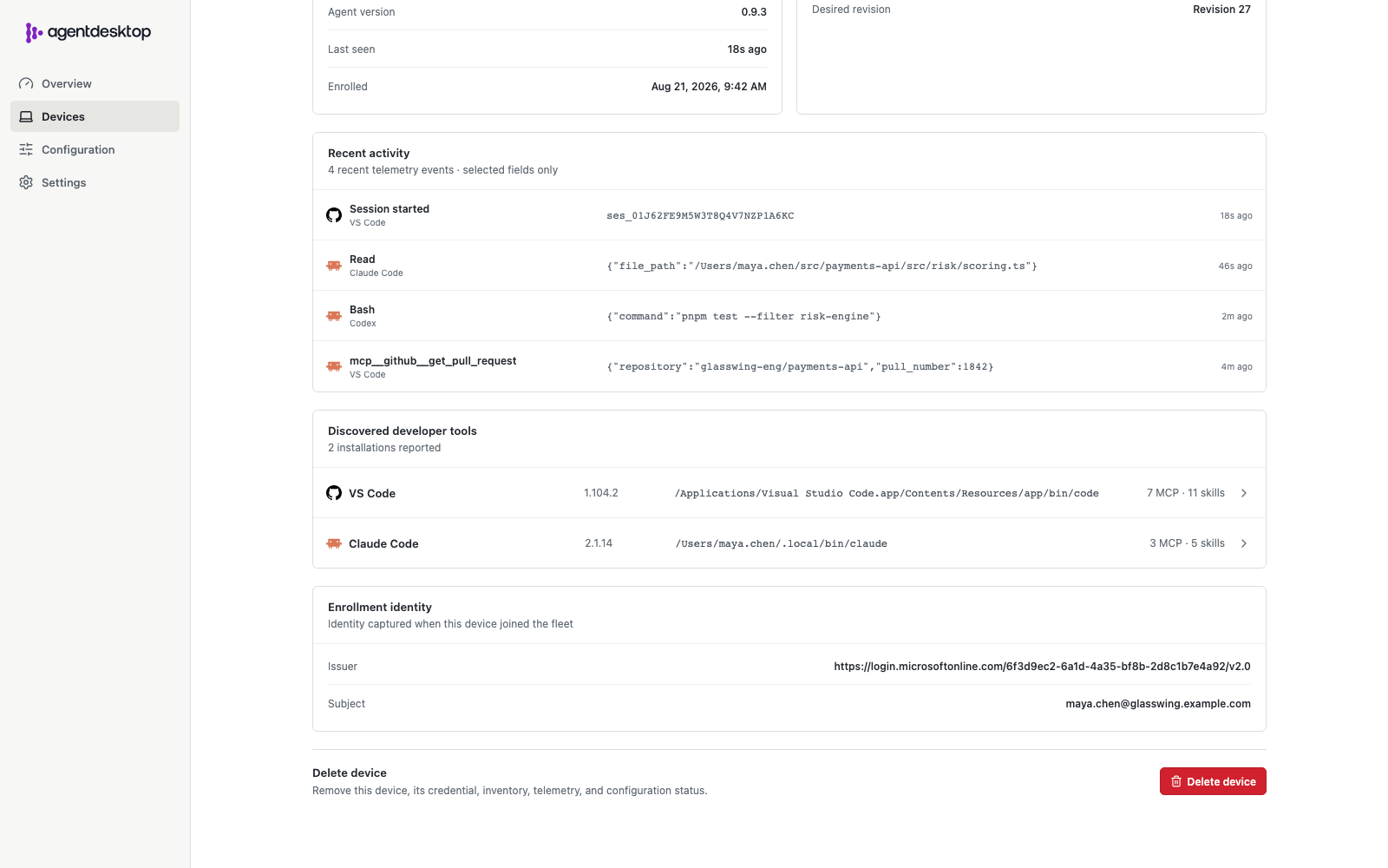 Agentdesktop recent activity view showing attributed agent sessions and selected tool-use events