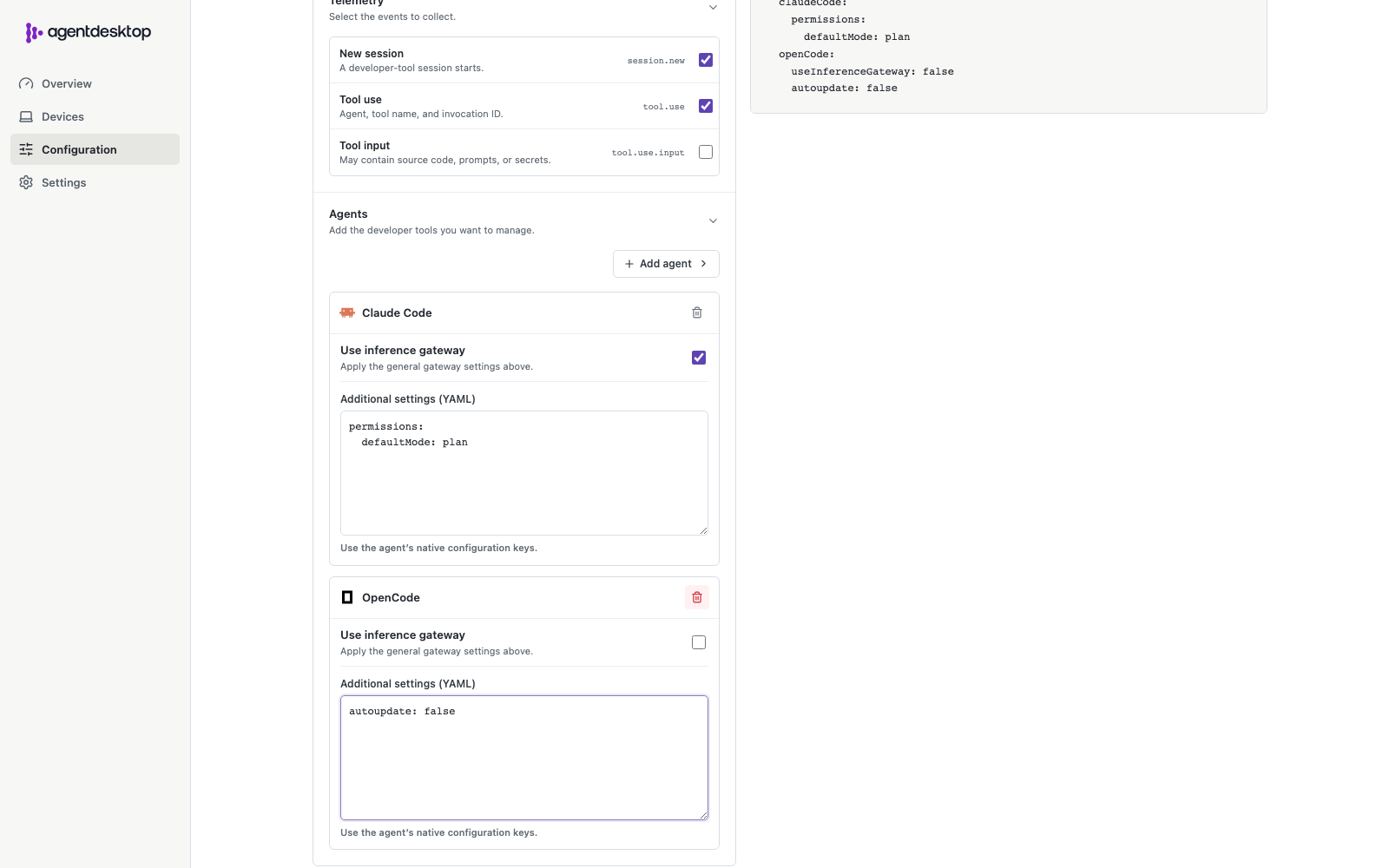 Agentdesktop configuration builder showing managed gateway, telemetry, and developer tool policy